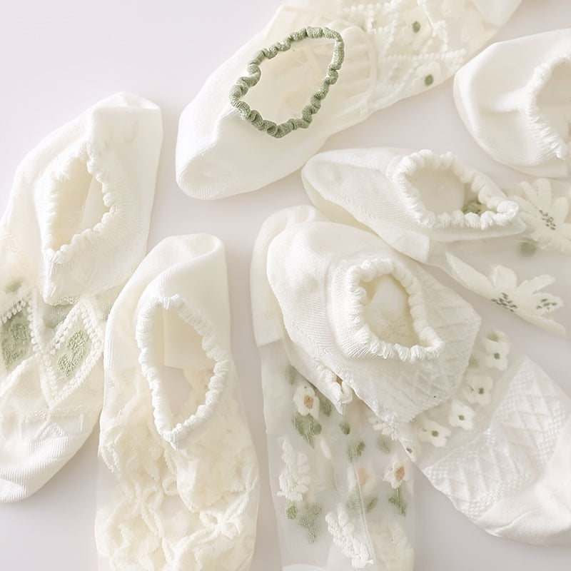 Women's No-Show Socks 10-Pack White Breathable Cotton Blend Floral 3D Textured