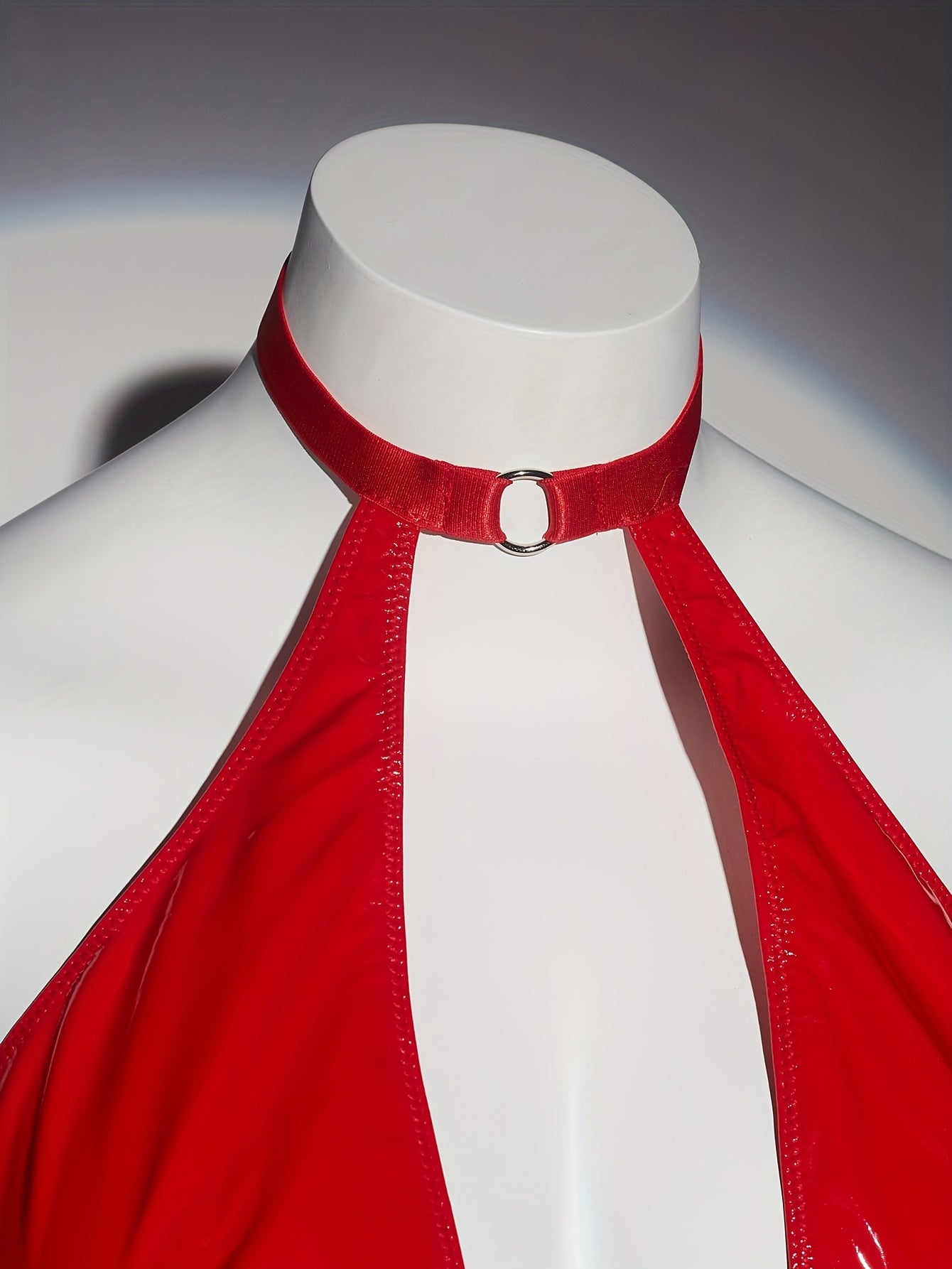 Plus Size Women's Red Satin Bodysuit with Cross Strap Stretch Fabric