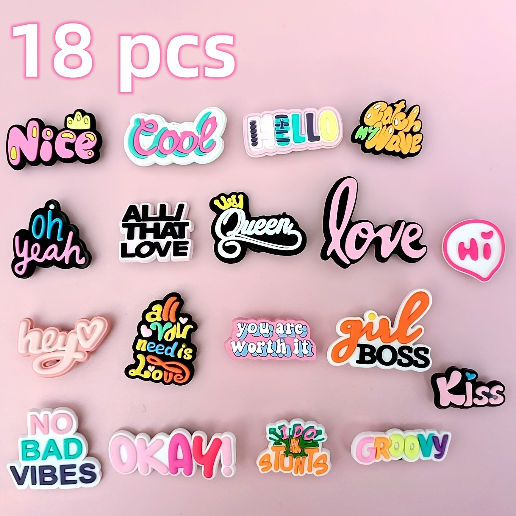 18pcs PVC Shoe Charms Set Assorted Phrases for Sneakers and Bags