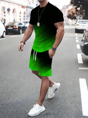 Men's Summer Color-Block Print T-Shirt and Shorts Set Crew Neck Casual Sports