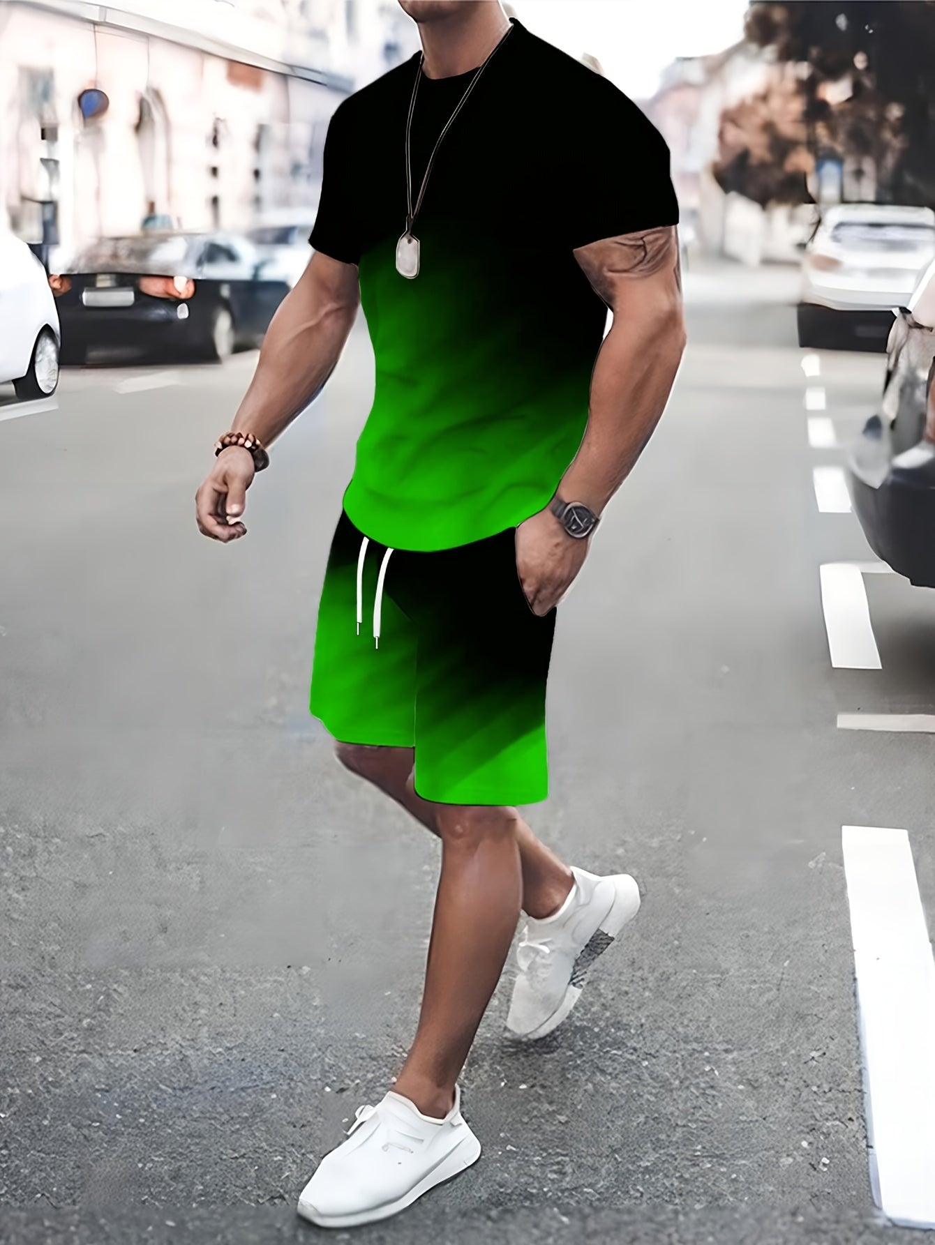 Men's Summer Color-Block Print T-Shirt and Shorts Set Crew Neck Casual Sports