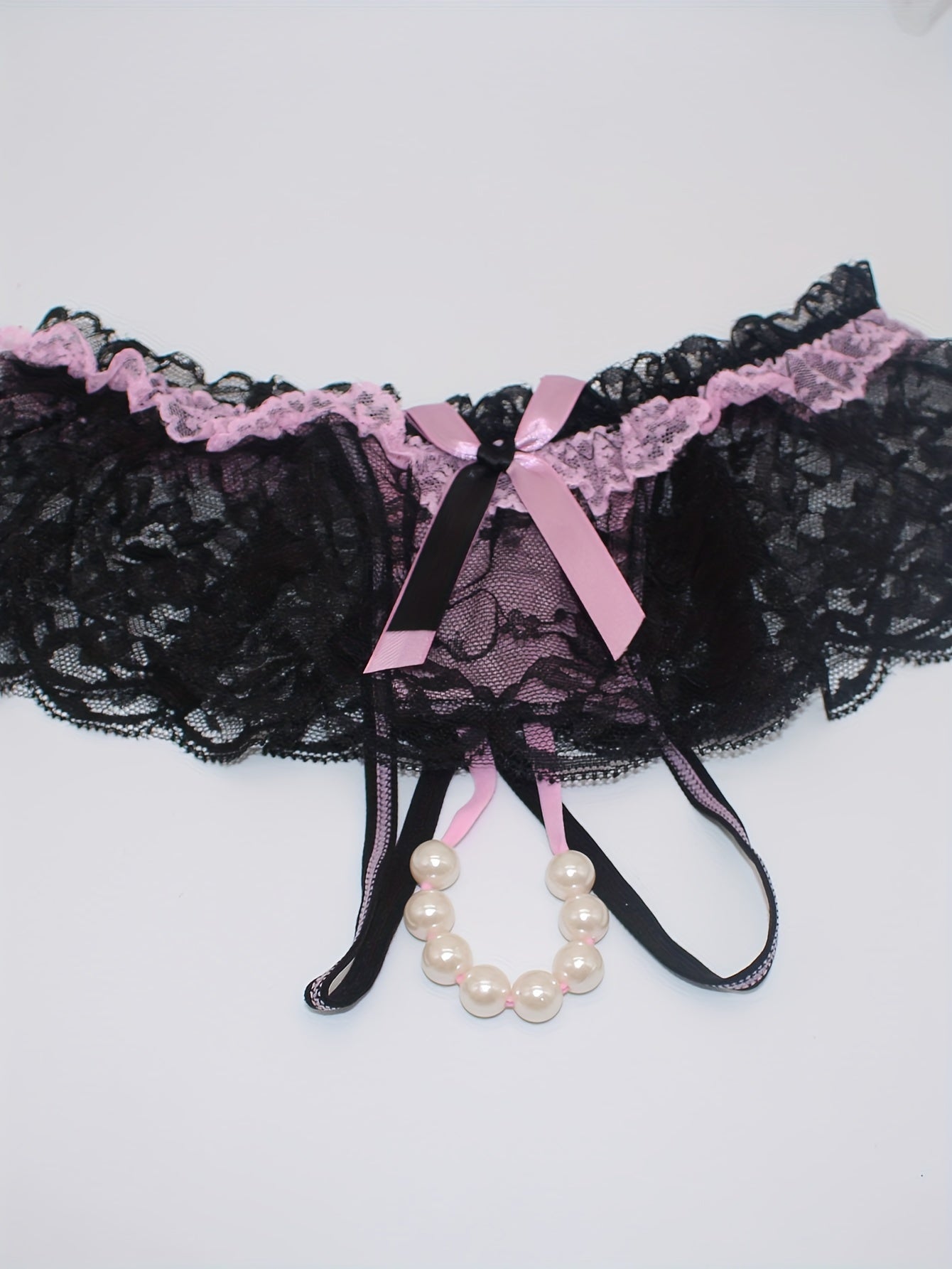 Women's Floral Lace Mesh Thongs and Open Crotch Faux Pearl Panties Lingerie