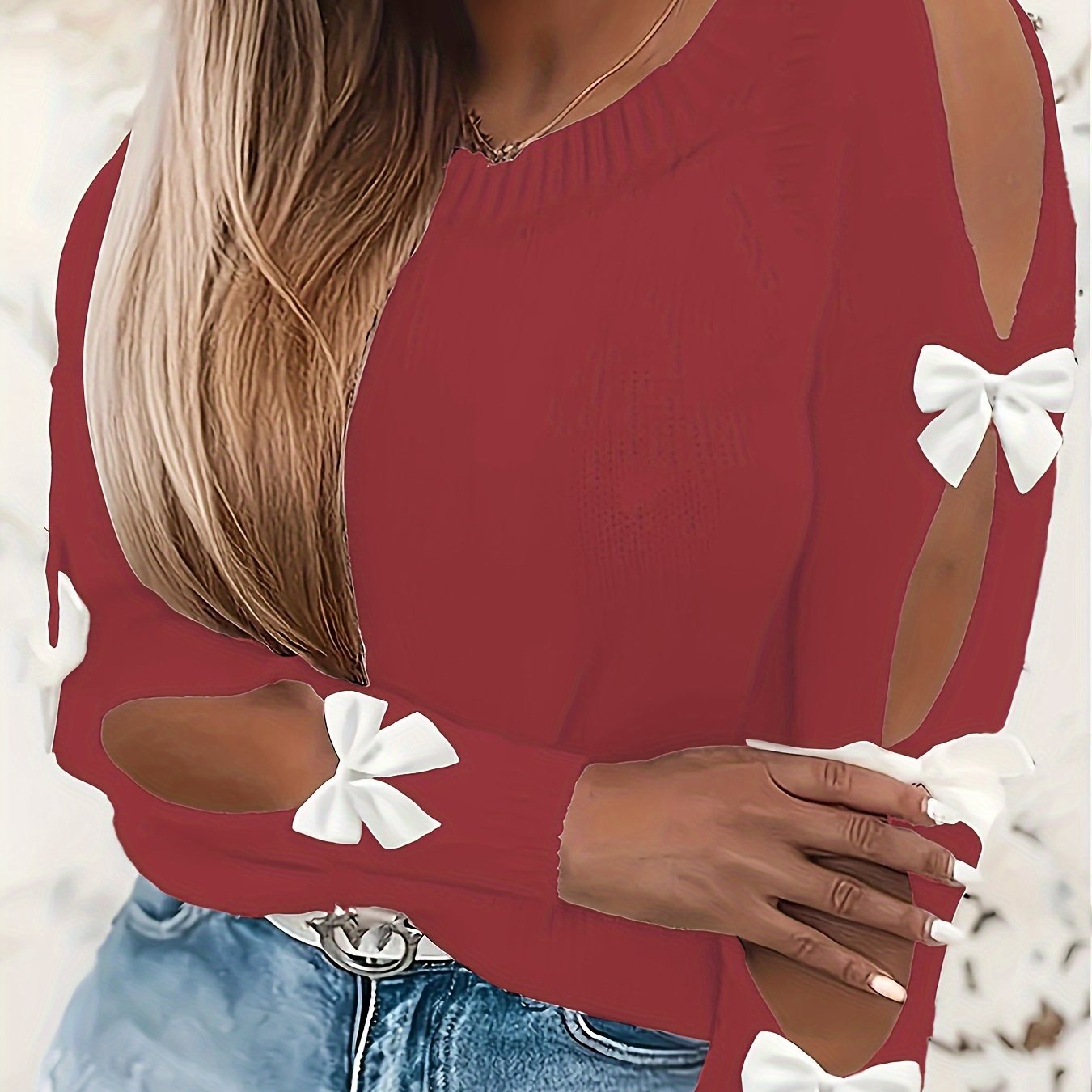 Plus Size Women's Sweater Long Sleeve Bow Accent Fall Winter Pullover