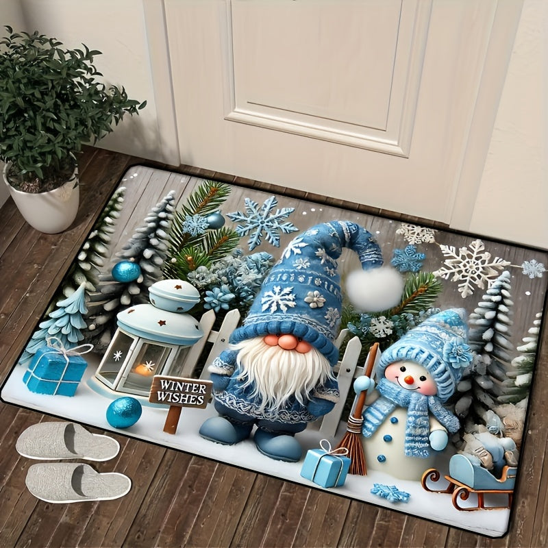 Alfombra de puerta de terciopelo de cristal con gnomo de Navidad azul para decoración de invierno en el hogar