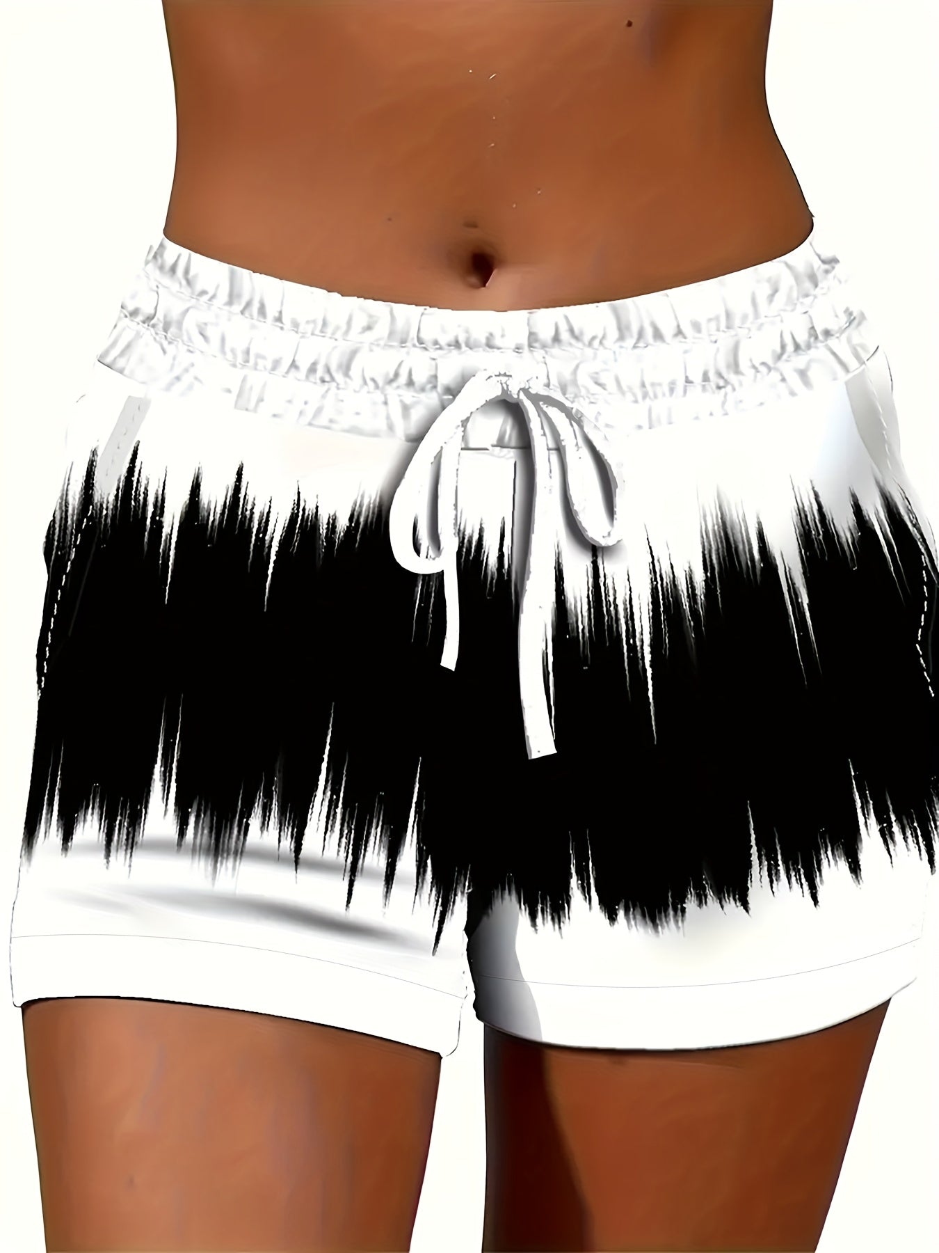 Plus Size Women's Summer Casual Shorts Black White Abstract Print Elastic Waist