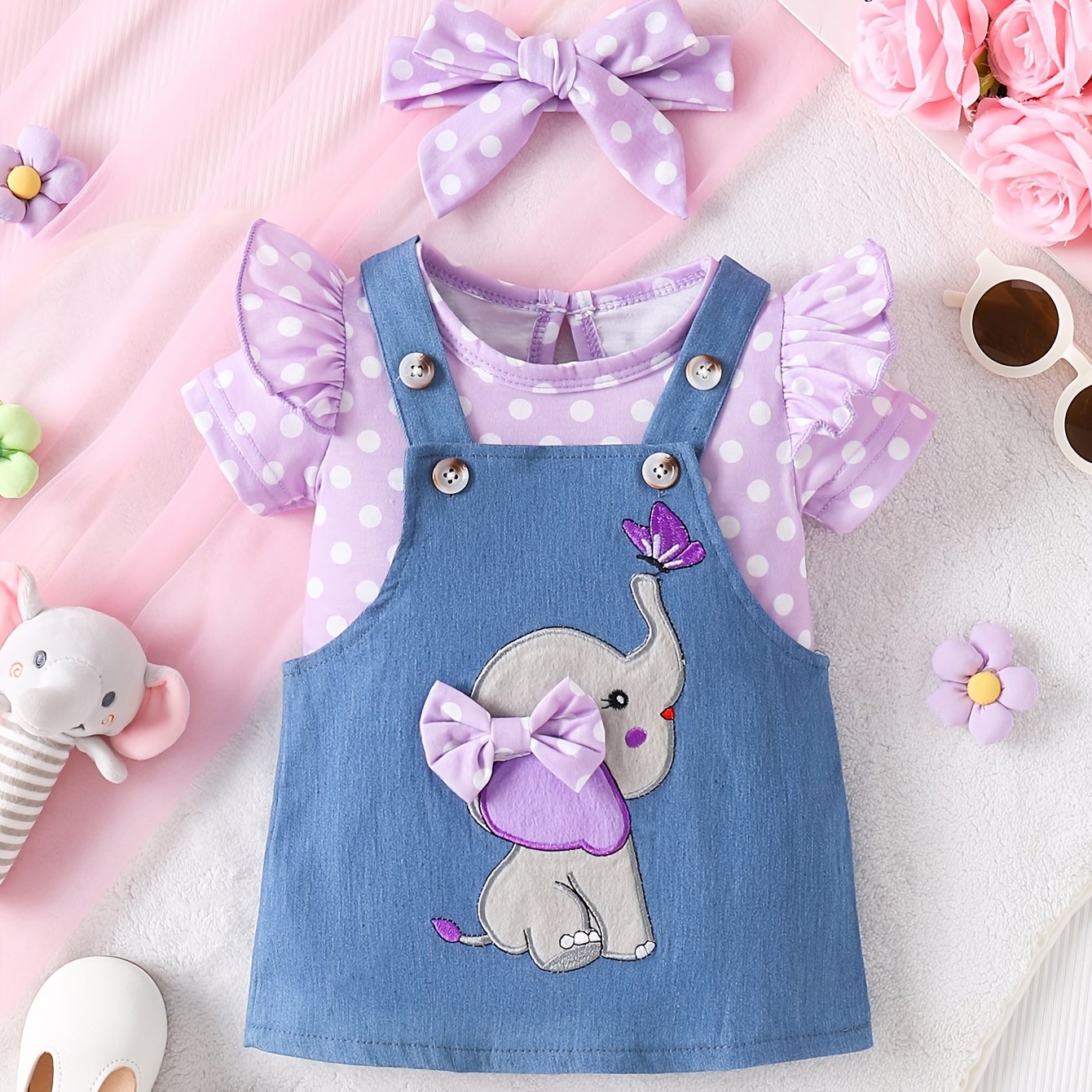 Комплект для девочек: комбинезон и юбка с рисунком слона в розовом и синем, мягкая вязаная ткань, пригодна для машинной стирки