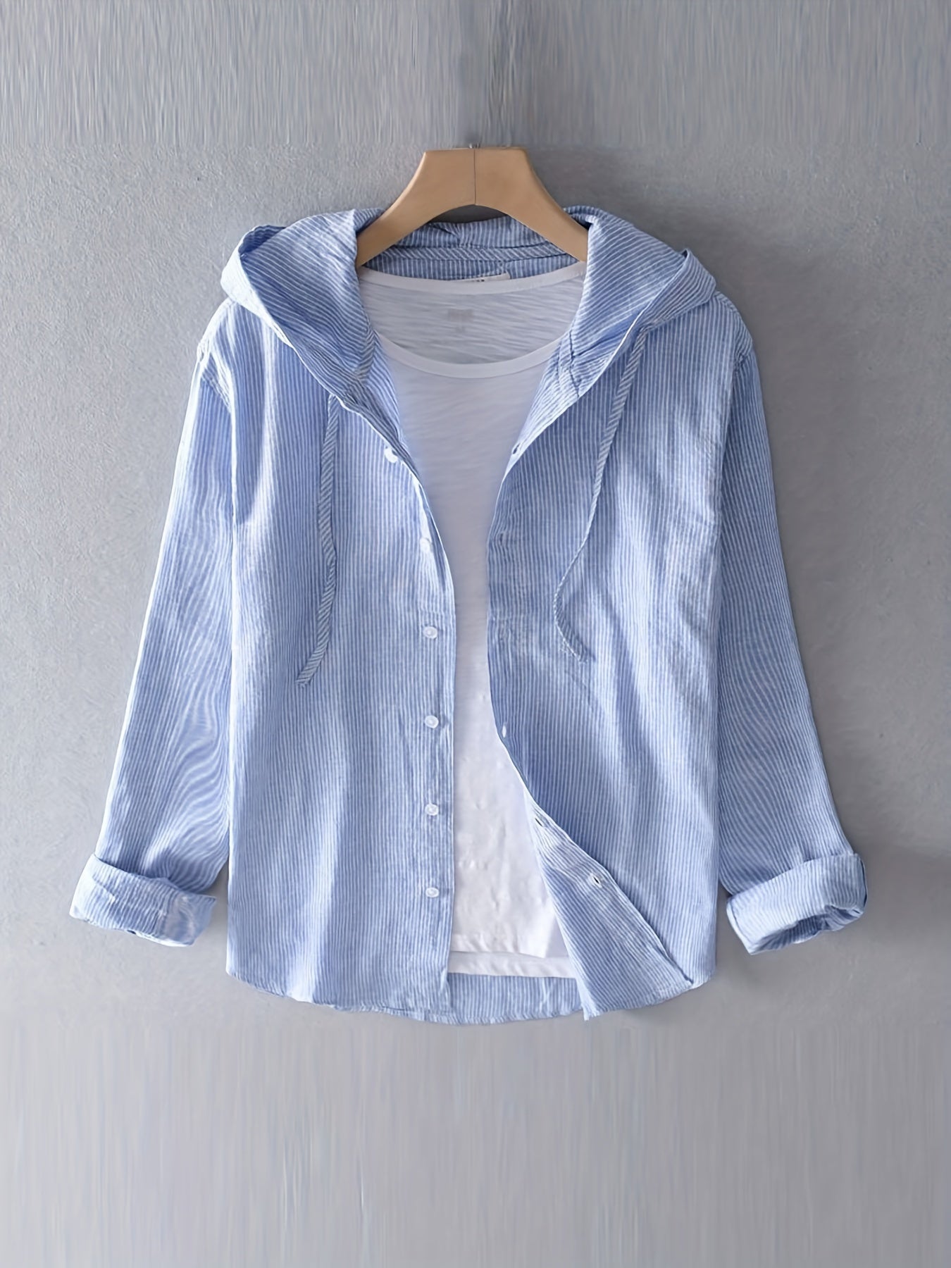 Men's Casual Striped Hooded Shirt Lightweight Polyester Long Sleeve Spring Fall