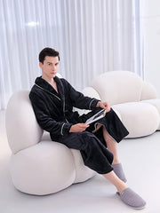  bata de franela para hombres y mujeres, otoño e invierno, manga larga, con bolsillos, cinturón, casual