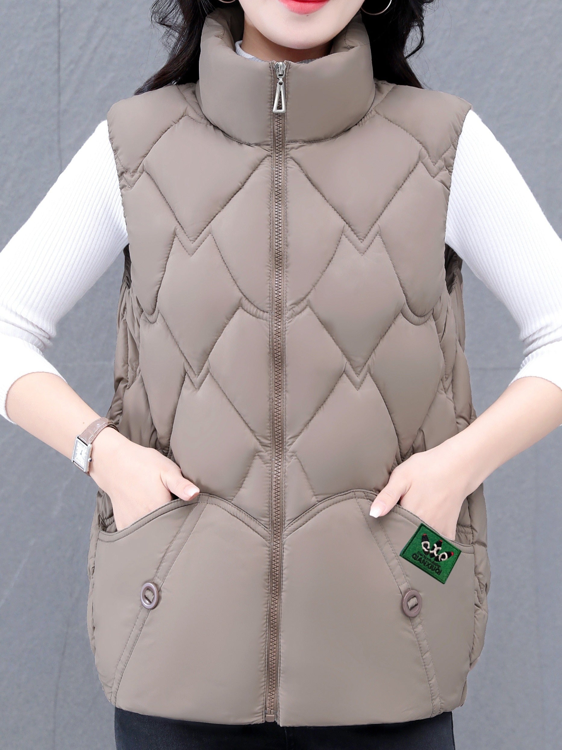 Women's Polyester Vest with Quilted Stand Collar Zipper Closure Pleated Hem Fall Winter Casual