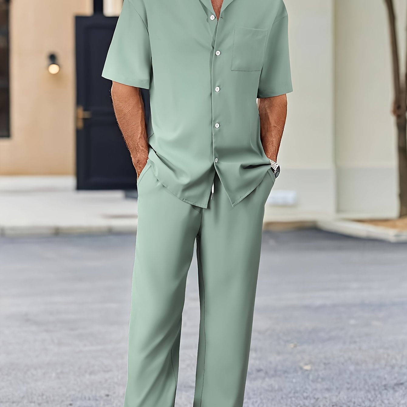 Men's Casual Suit-Inspired Set Short Sleeve Shirt and Loose Pants Polyester