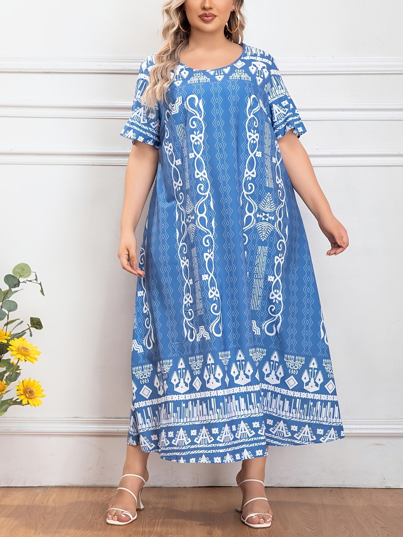 Women's Plus Size Tunic Dress Polyester Middle Eastern Print Casual All-Season