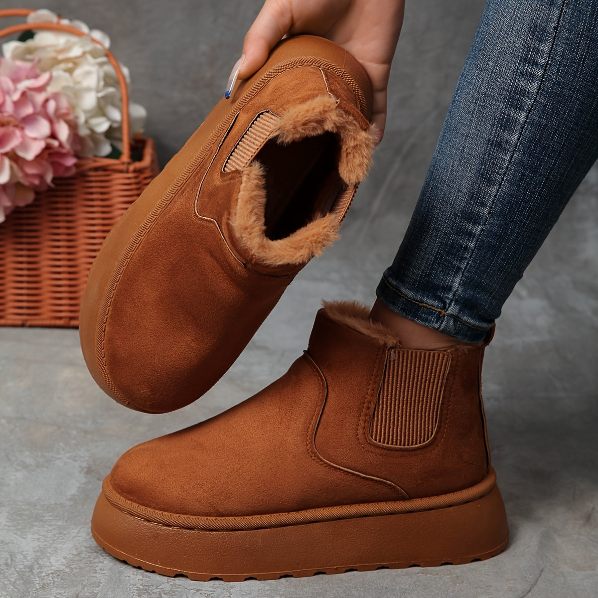 Women's Faux Fur Lined Ankle Boots with Thick Platform and Mid Heel