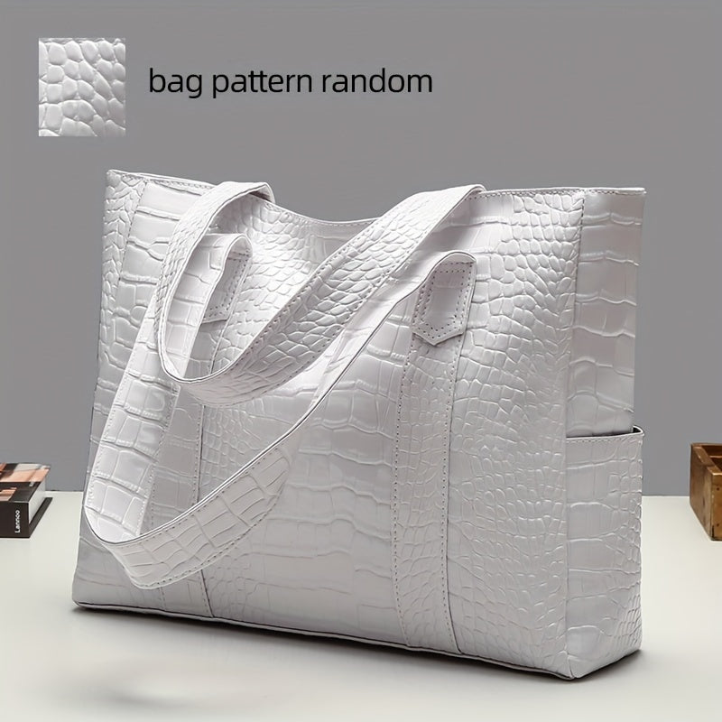 Blue Crocodile-Embossed PU Tote Bag with Zipper Closure for Women