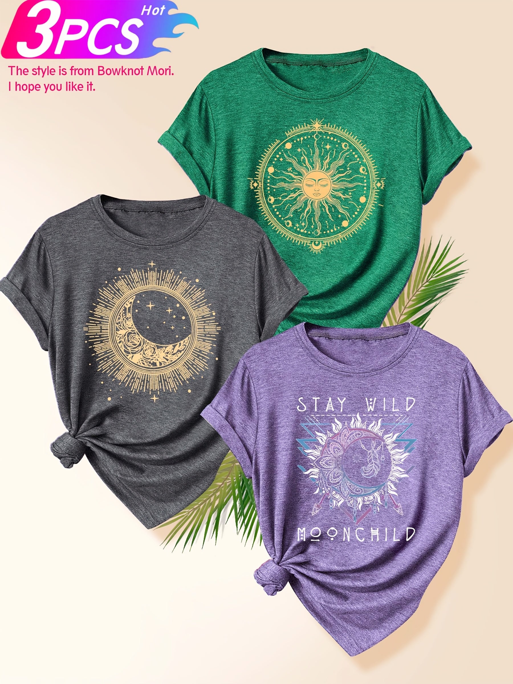 Women's 3 Pack Vintage-Inspired Sun & Moon Graphic T-Shirts Short Sleeve Polyester Blend