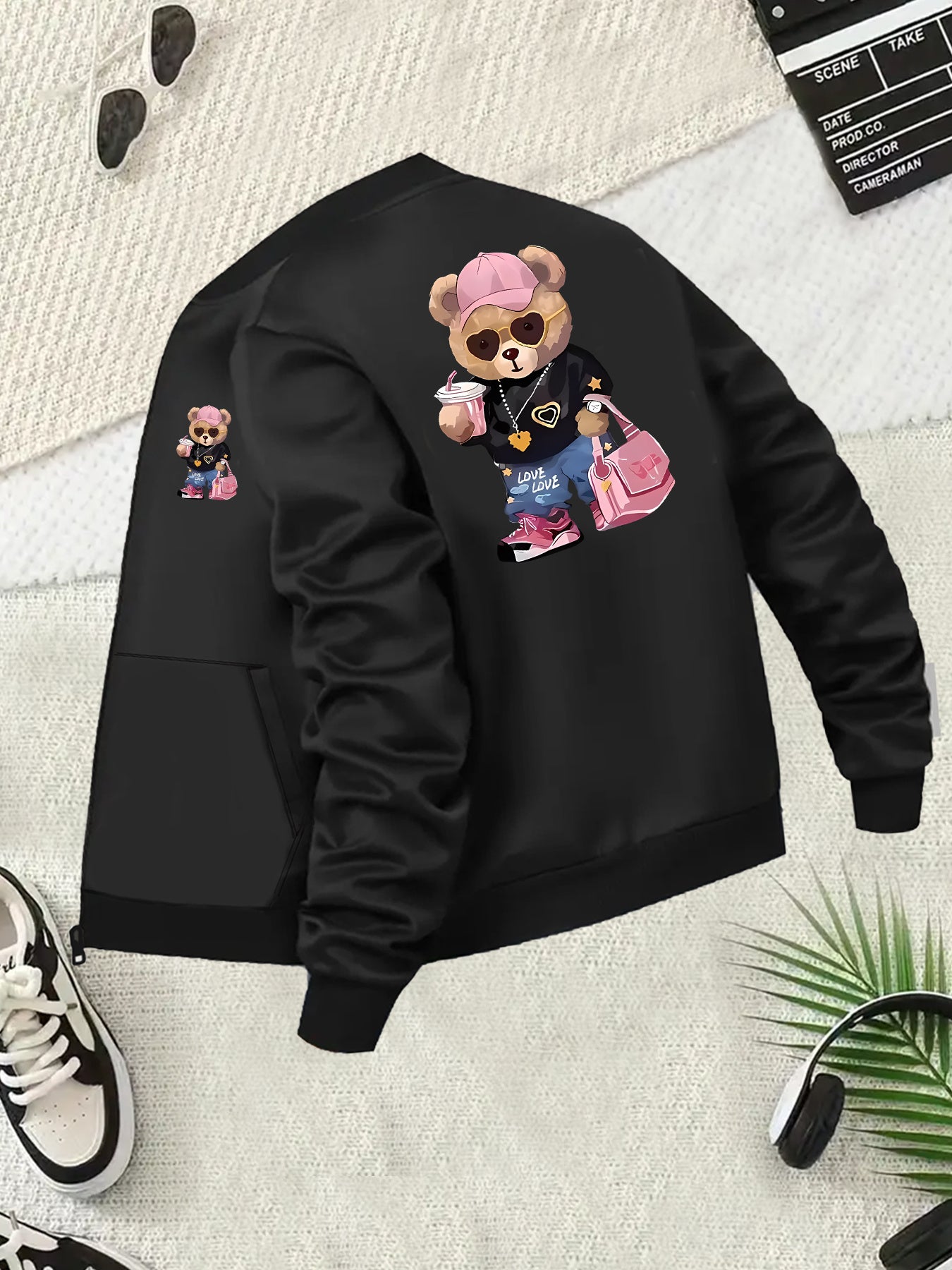 Women's Plus Size Casual Polyester Jacket with Cartoon Bear Print Long Sleeve Zippered Coat