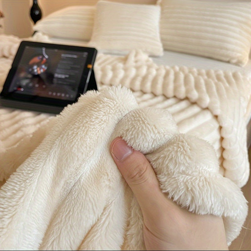 Ultra-Soft Faux Rabbit Fur Throw Blanket with Stripes, Machine Washable, Non-Shedding