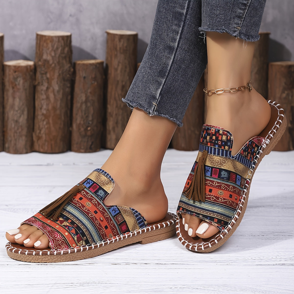 Ayollar uchun Bohemia tekis sandalki, etnik tassel, sirpanchiq bo'lmagan rezina, kundalik plyaj