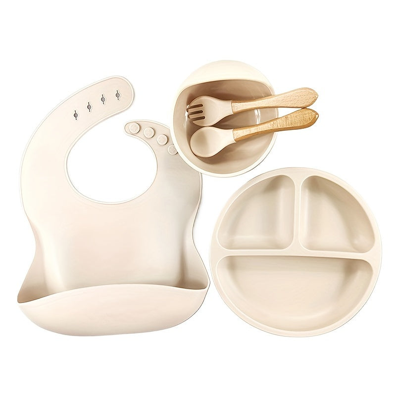 Juego de 5 utensilios para bebés para autoalimentación kit de destete con babero, cuenco, plato, cuchara