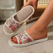 Women's Floral Linen Slip-On Slippers with EVA Sole Indoor House Shoes