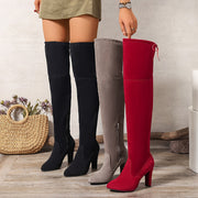 Women's Solid Color Block Heeled Boots with Side Zipper Over the Knee