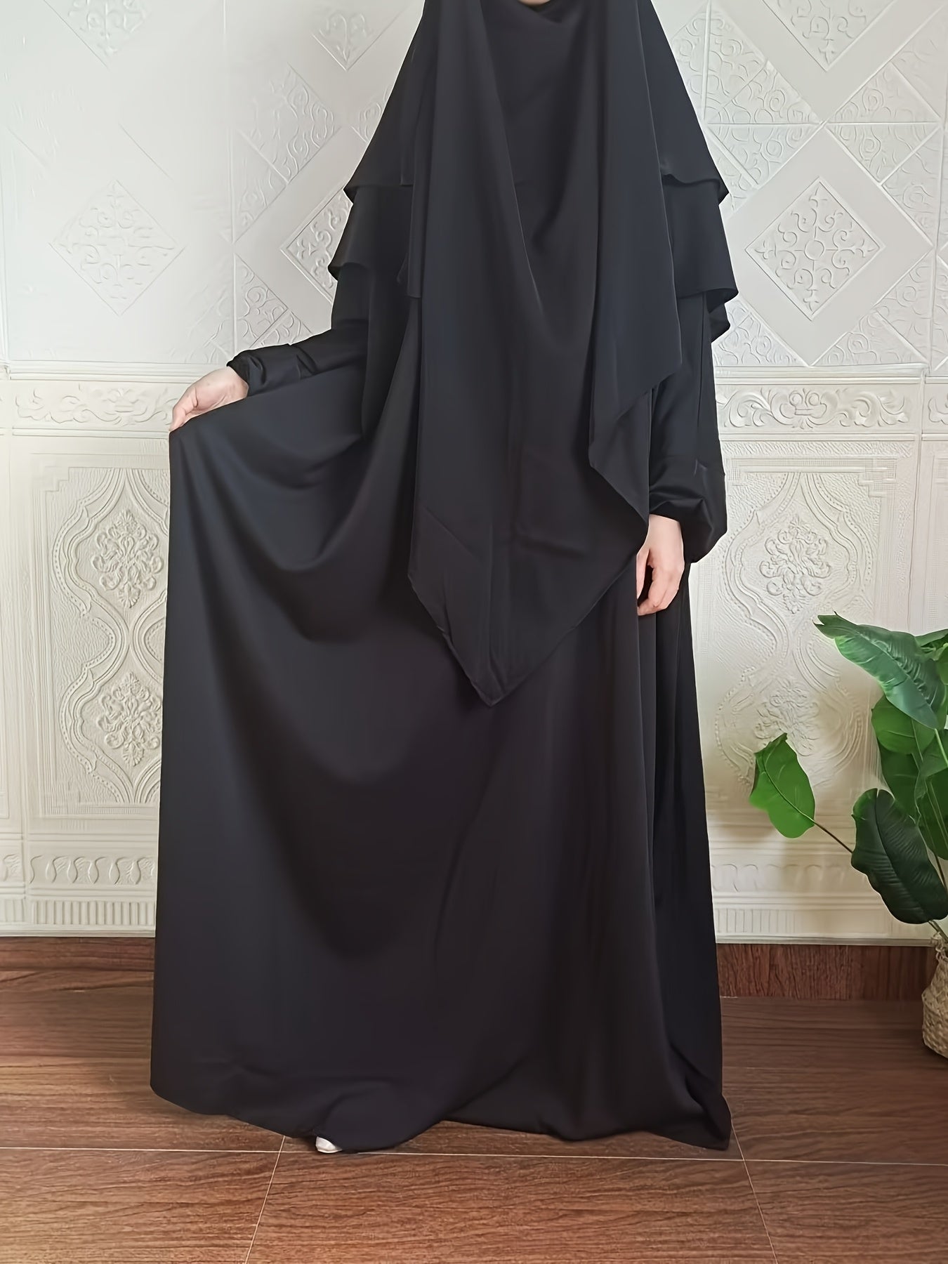 Plus Size Women Solid Color Robe Dress Two-Piece Set for Ramadan Islamic Prayer