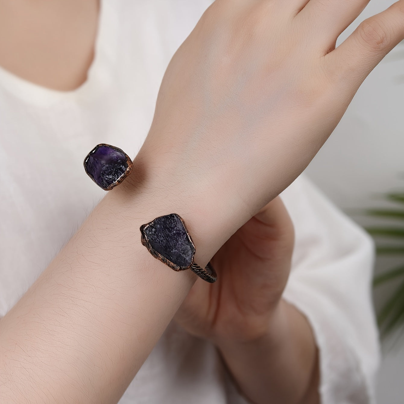 Vintage Bohemian Copper Bracelet with Amethyst Citrine and White Crystals for Women