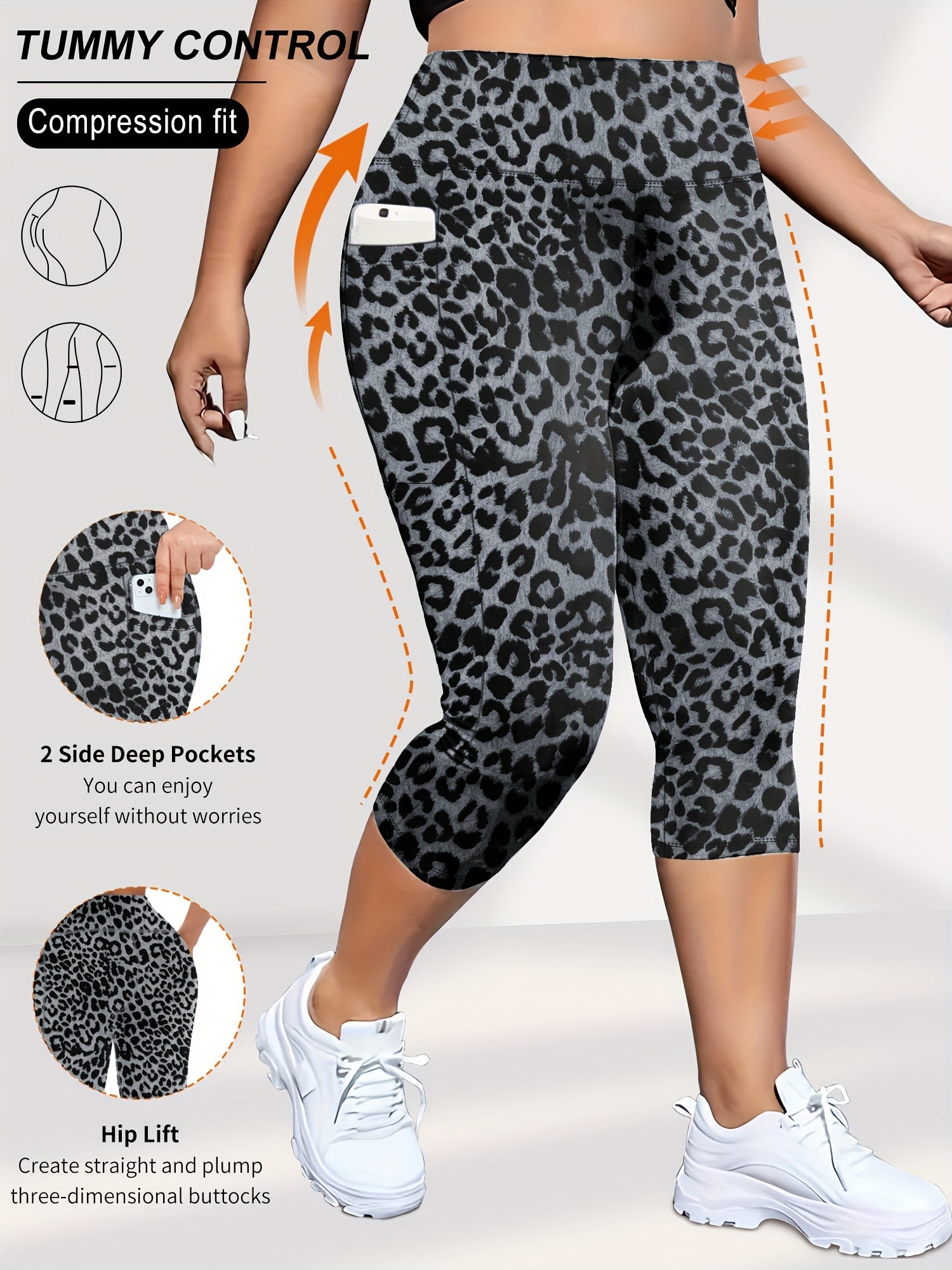 Women Leopard Print High-Waist Capri Leggings with Pockets