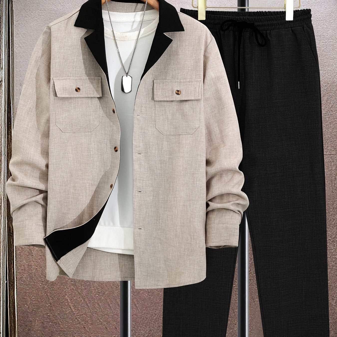 Men's Plus Size Olive Green Blazer Set Polyester Casual Button-Up Jacket with Pockets and Black Pants for Spring and Autumn