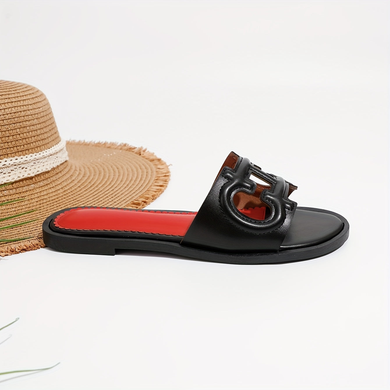 Women's Summer Slip-On Slippers Black PU Open-Toe Flat Casual