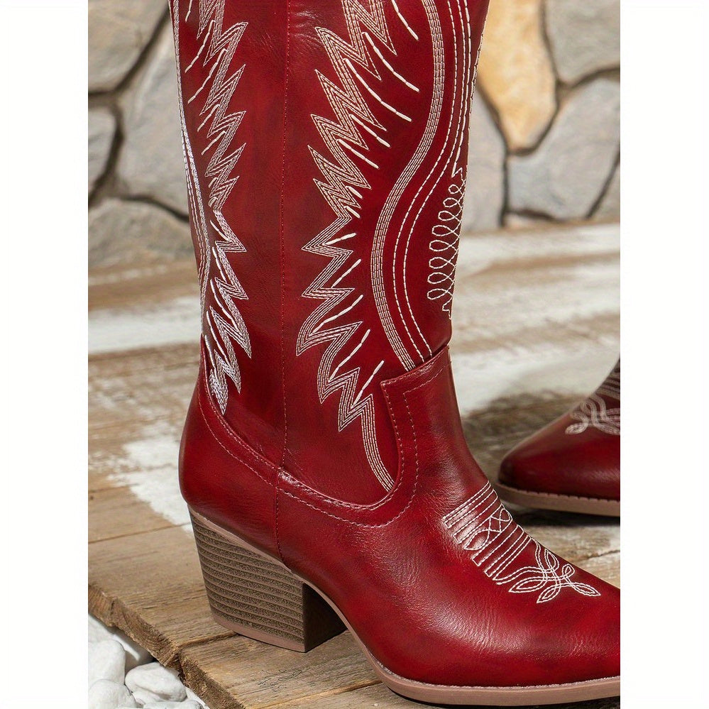 Women's Plus Size Long Western Cowboy Boots with Pointed Toe and Mid Heels