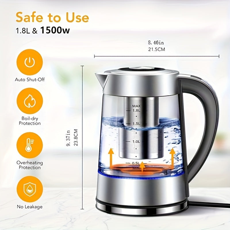Electric Glass Kettle 1.8L with 12 Temperature Controls and Insulation