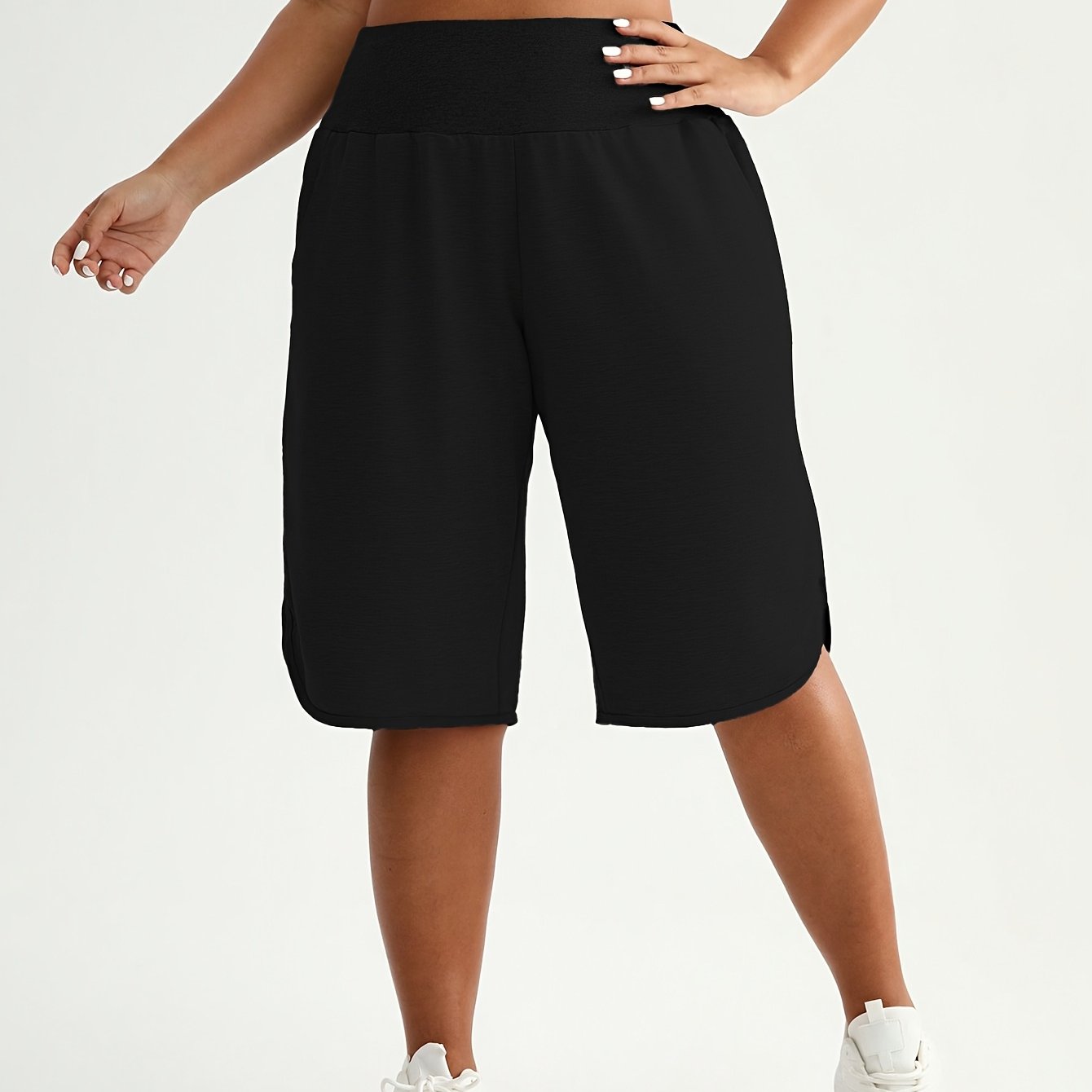 Plus Size High-Waisted Bermuda Shorts Navy Blue Loose Fit Stretchy Fabric