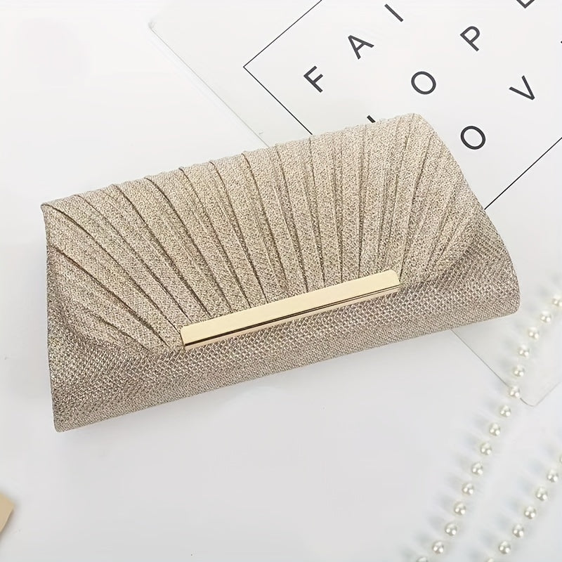 Pleated Evening Clutch Bag with Gold Embellishments for Ladies