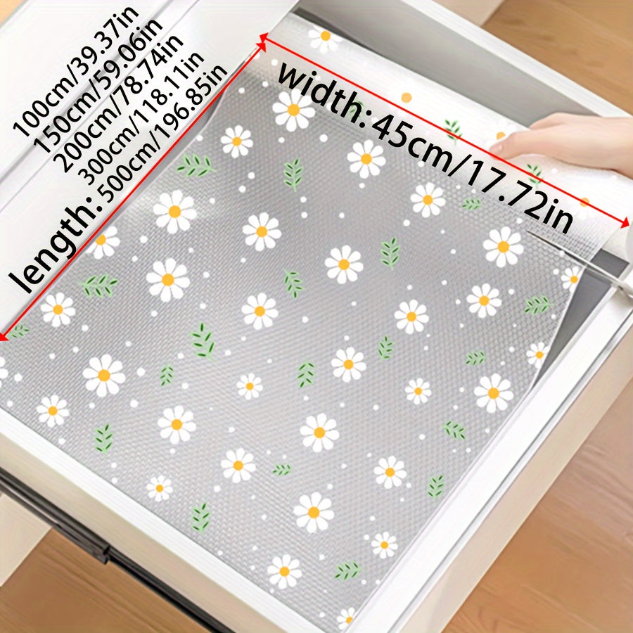 Oshxona shkaflari, tortmalar va poyabzal tokchalari uchun shaffof romashka naqshli javon qoplamasi - Suv o'tkazmaydigan, nam o'tkazmaydigan, dog' va yog'ga chidamli, mog'or oldini oluvchi, chang o'tkazmaydigan - Yapishqoq bo'lmagan EVA mat - 1 rolik