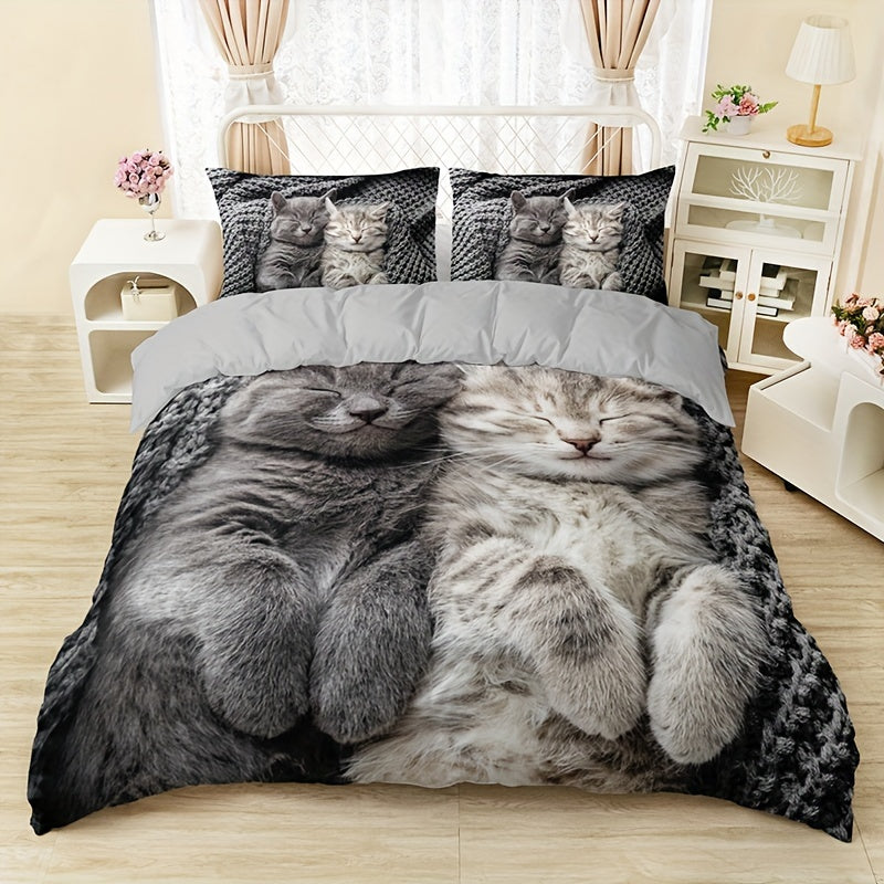 Cute Cat Print Duvet Cover Set 3 Pieces Soft Breathable Polyester All Seasons