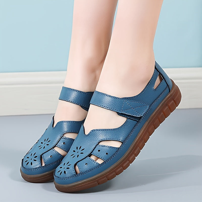 Women's Leather Sandals with Soft Sole and Cut-Out Design