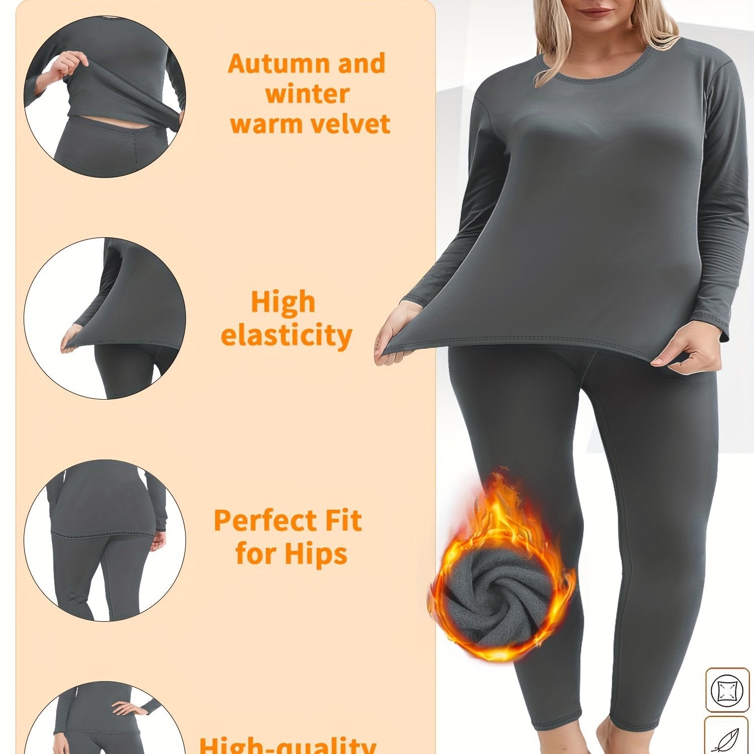 Plus o'lchamli termal ichki kiyim to'plami, mo'yna bilan qoplangan, dumaloq bo'yin, asosiy to'liq rang