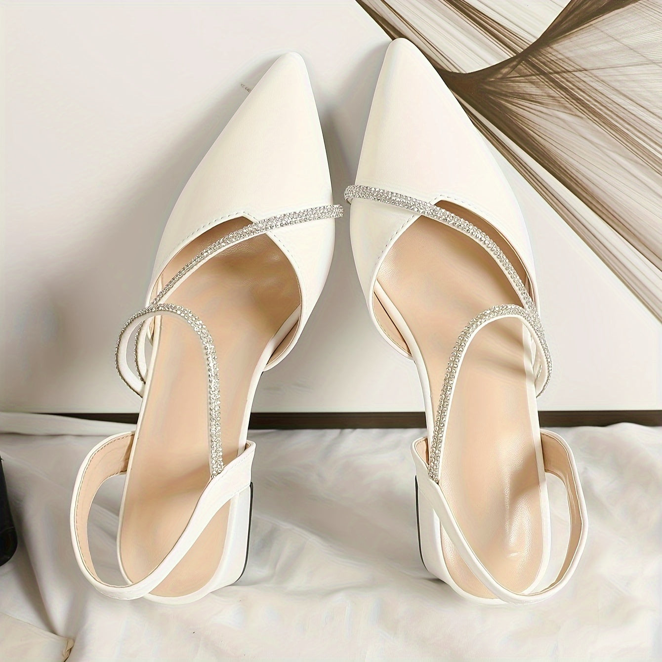 Women's Chunky Heel Sandals with Pointed Toe Rhinestone Accents Faux Leather All-Season