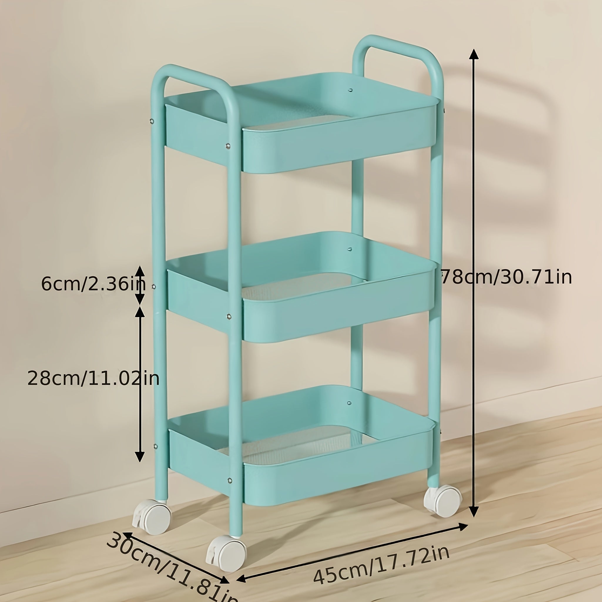 Qizil, oq, ko'k va sariq ranglarda 2-qavatli metall rulonli saqlash aravachasi oshxona, hammom va yotoqxonalar uchun
