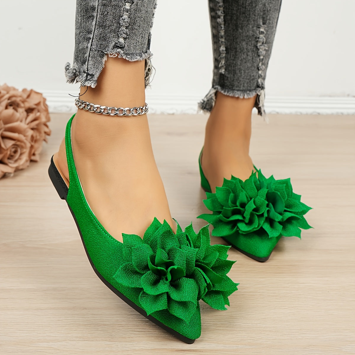 Women's Black Fabric Flat Sandals with Double Flower Embellishment