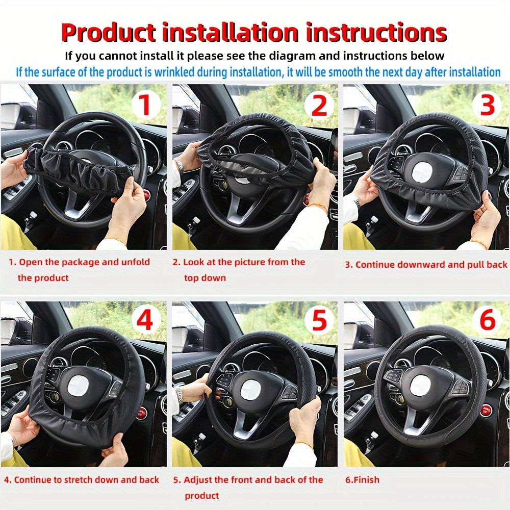 Car Steering Wheel Cover Leather Plaid Non-slip Fit 36.8-38.1cm