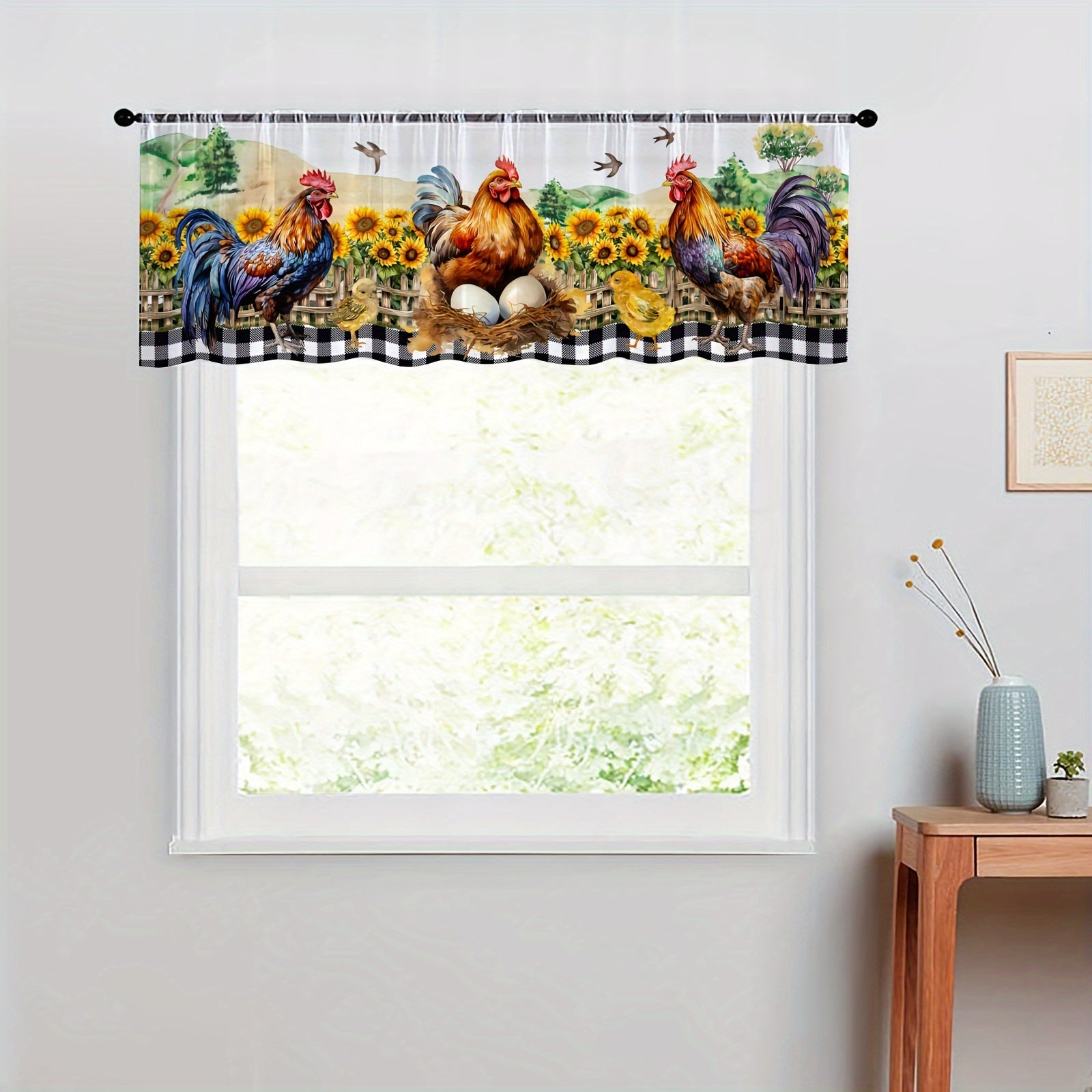 Rustic Farmhouse Sunflower Curtain Set 1 Valance 2 Tiers Rod Pocket Tulle Window Decor