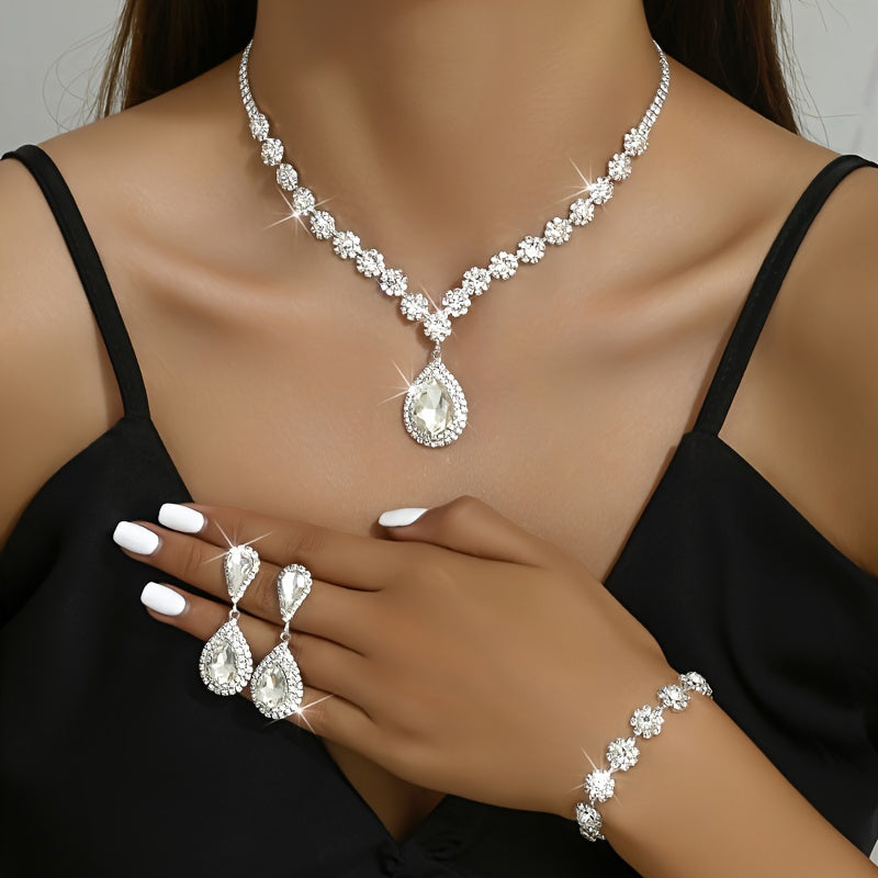 Silver Bridal Jewelry Set with Flower Design Synthetic Diamonds Necklace Earrings Bracelet