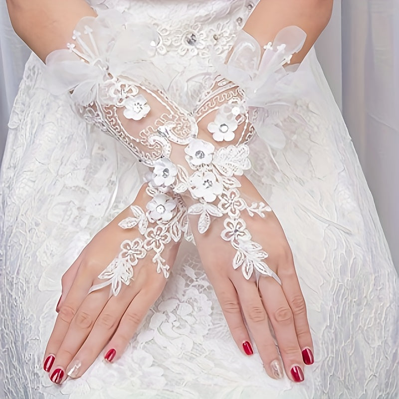 Guantes de encaje para novia con diseño floral calado para vestido de boda y noche