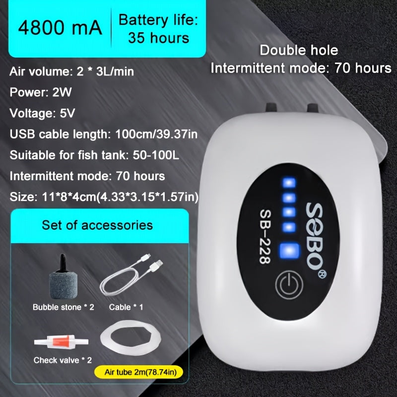 Portable Aquarium Air Pump with Rechargeable 2600mAh Battery Silent Mode for Fish Tanks and Outdoor Aquariums