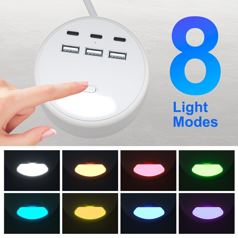 Estación de carga USB de 6 puertos con 3 puertos USB-A y 3 puertos USB-C, cable de extensión ultrafino para viajes y oficina en casa