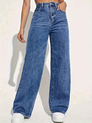 Women's High Rise Denim Jeans with Button Fly and Straight Leg