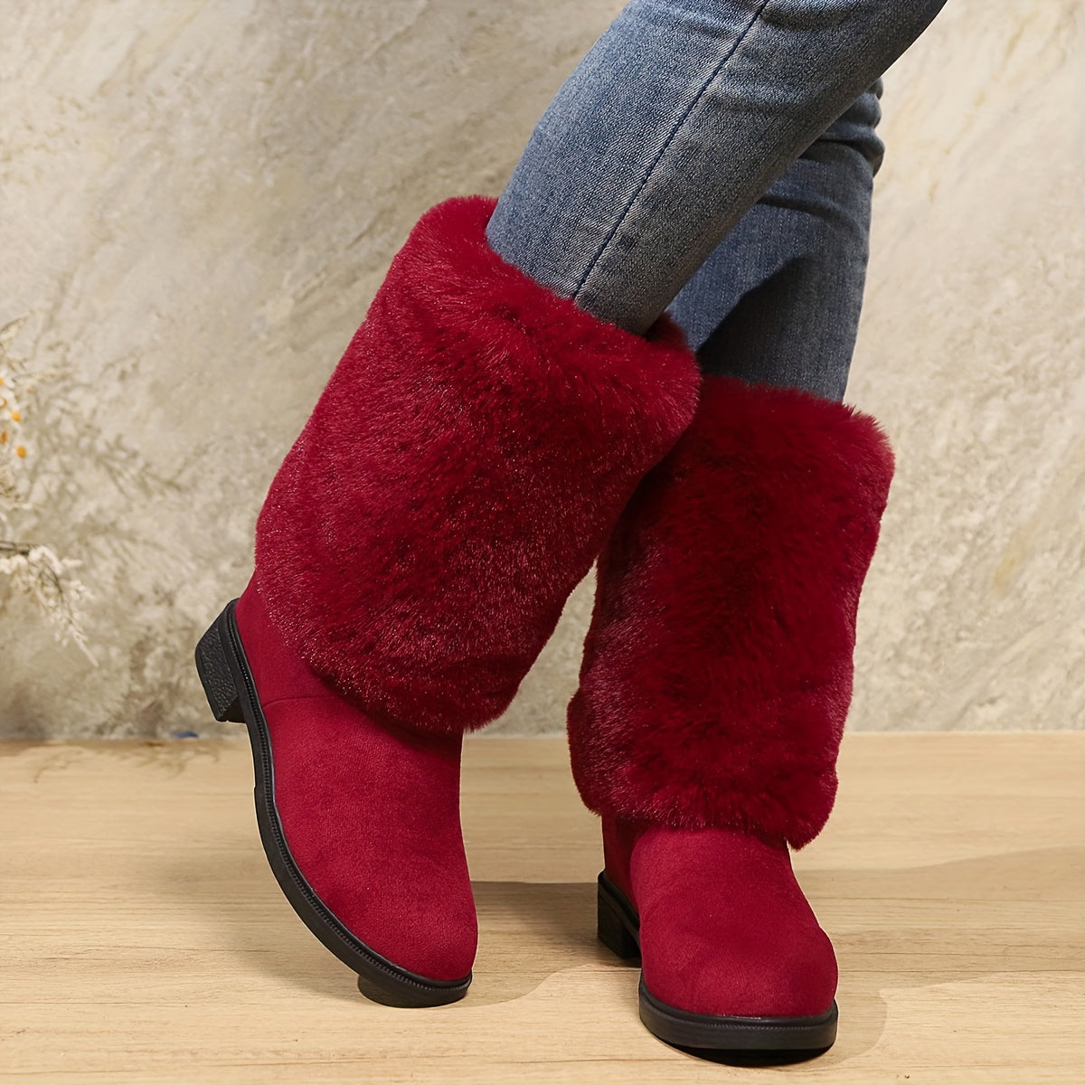 Женские зимние сапоги до середины икры из искусственного меха, на slip-on, однотонные, комфорт