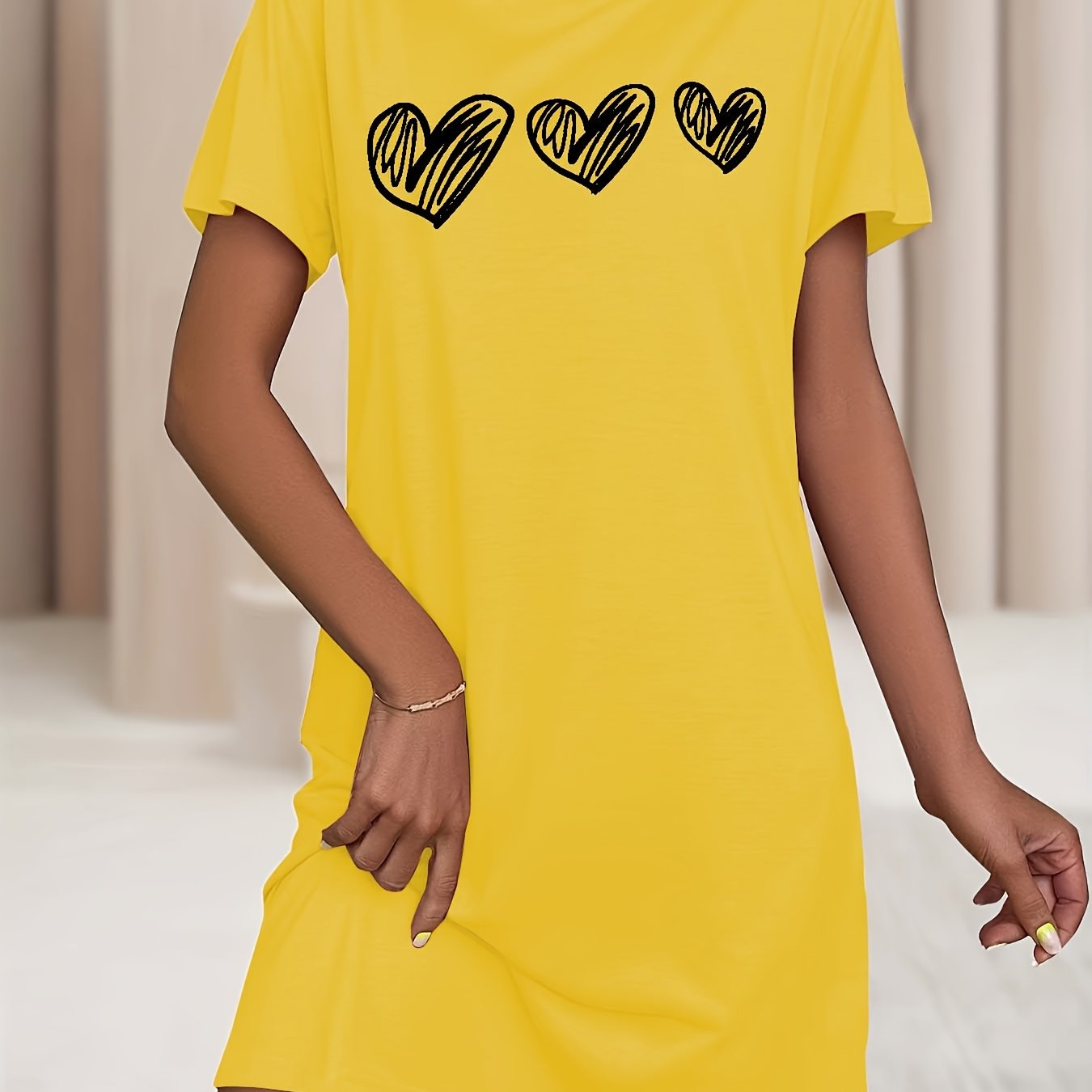 Women's Heart Pattern Sleep Dress Soft Stretchy Short Sleeve Nightgown