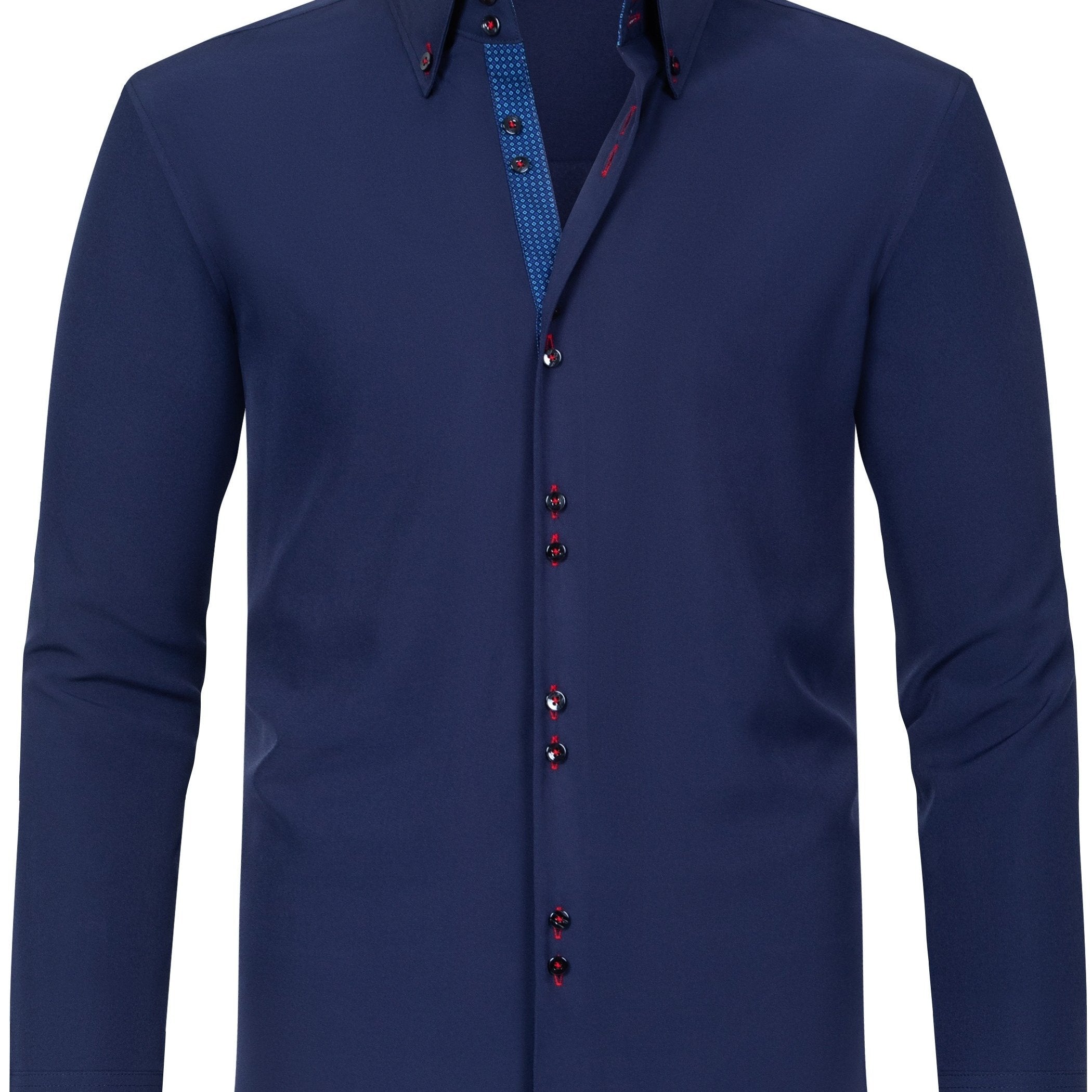 Men's Light Blue Long Sleeve Double Breasted Shirt with Floral Cuffs Polyester Blend